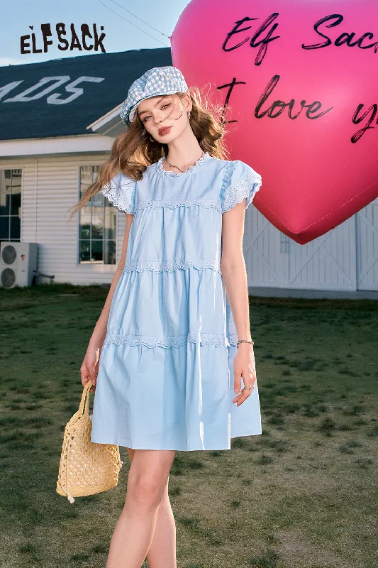 ELFSACK 2024 Summer New Arrivals Cute style temperament slim lace sleeves small princess blue A-line dress for women Lace Dress Lookbook