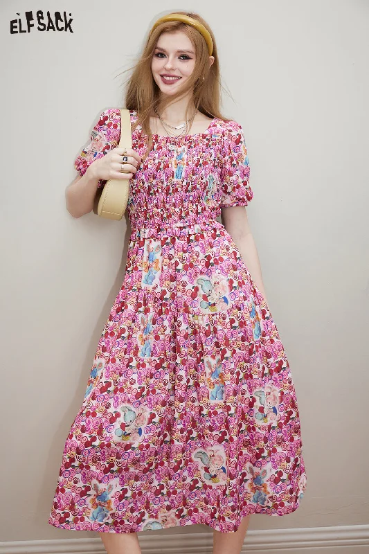 ELFSACK Palace style full print square neck dress for women in spring 2024, new design sense, waist cinching princess dress Lace Dress Elegance