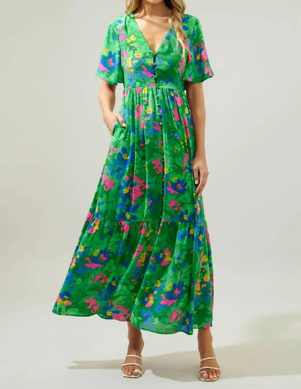 Paradise Falls Short Sleeve Maxi Dress In Multi Slim-fit Maxi Skirt