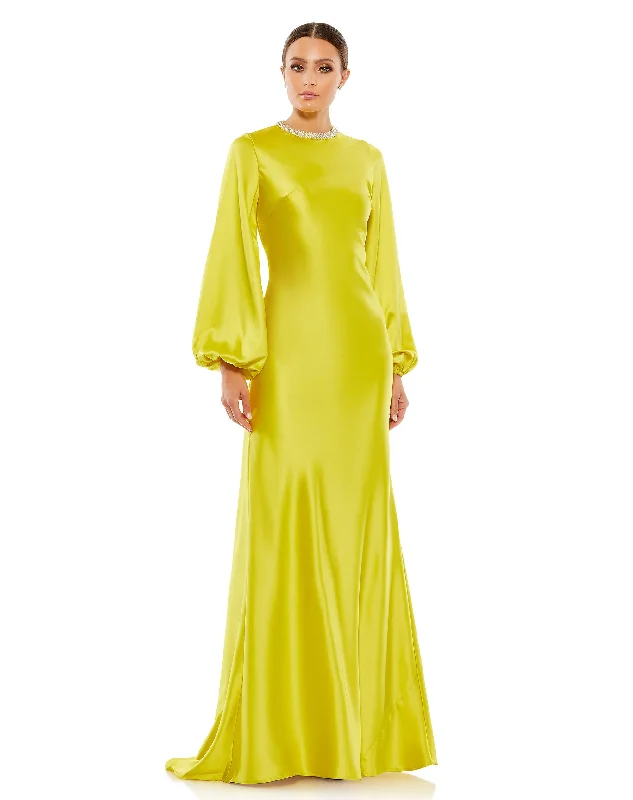 Satin Long Blouson Sleeve Evening Gown Maxi Skirt Collection