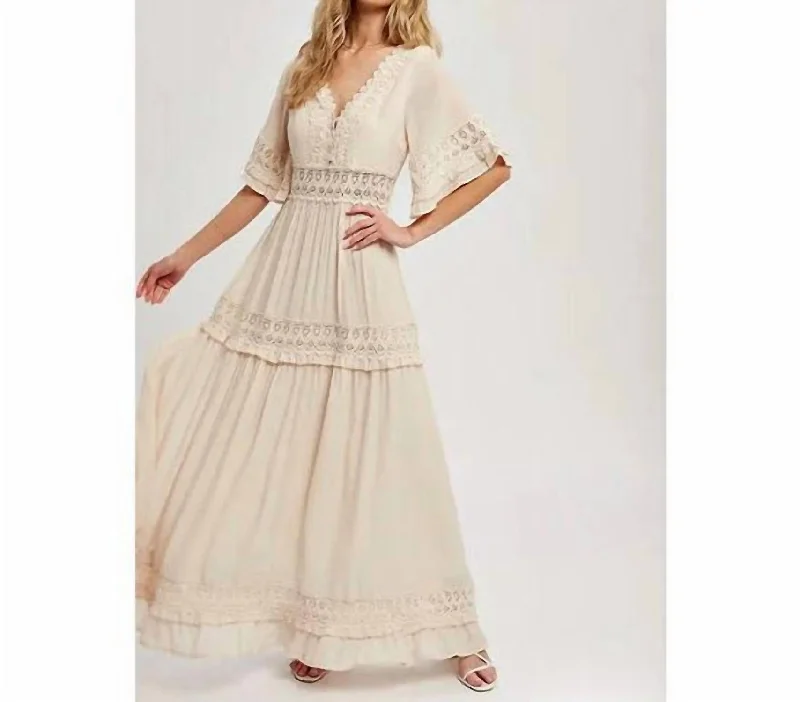 V Neck Maxi Dress In Beige Soft Pleated Maxi