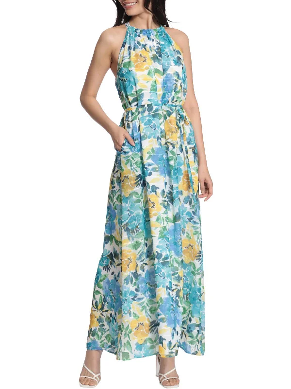 Womens Chiffon Long Halter Dress Printed A-line Maxi