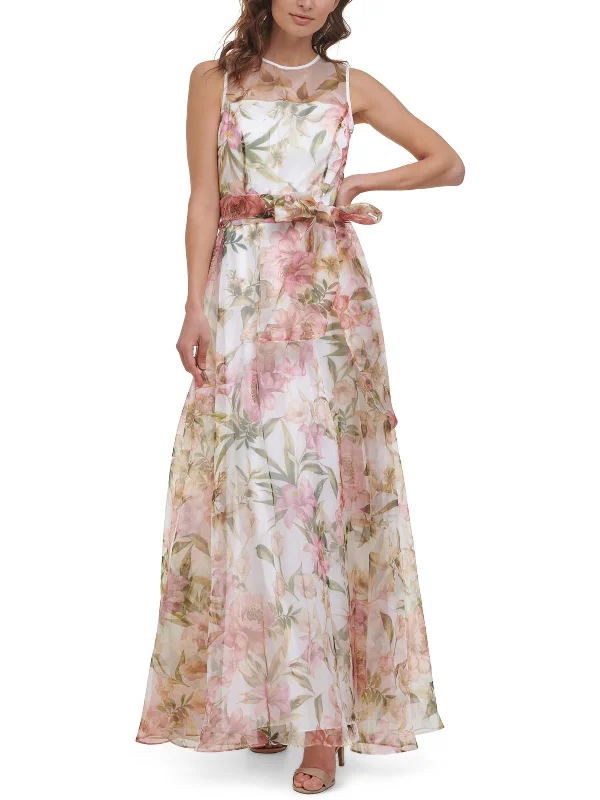 Womens Floral Belted Maxi Dress Sexy Long Skirt