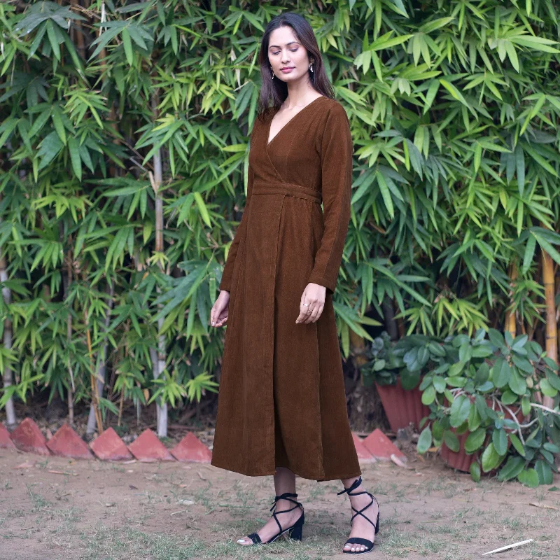 Brown Warm Cotton Corduroy Deep Neck Midi Wrap Dress Elegant Midi Skirt