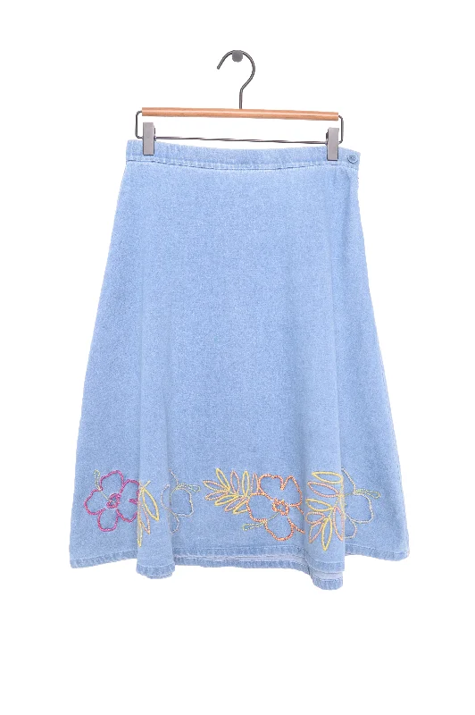 Embroidered Denim Midi Skirt Casual Midi Look