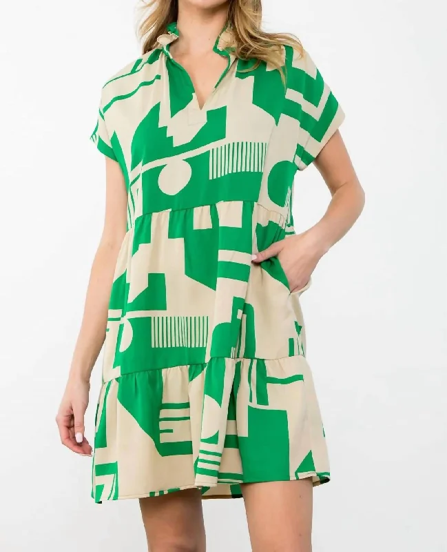 Short Sleeve Print Midi Dress In Green Vintage Printed Skirt