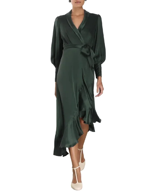 Wrap Midi Dress In Dark Green Soft A-line Skirt