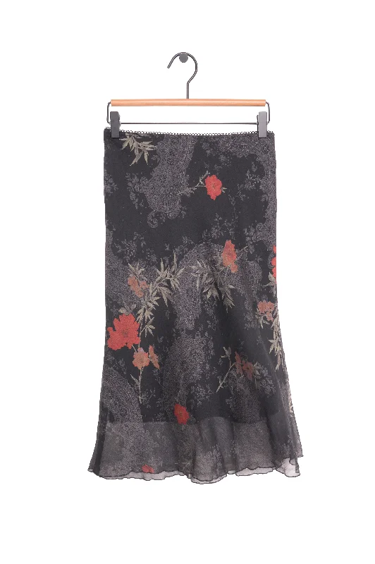 Y2K Floral Ruffle Midi Skirt USA Printed Midi Skirt